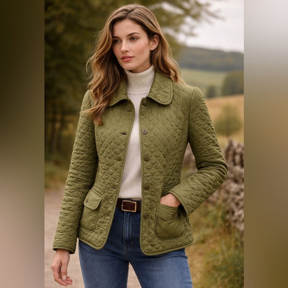 Laura Ashley Olive Quilted Barn Jacket • Heritage Diamond Stitch • XL